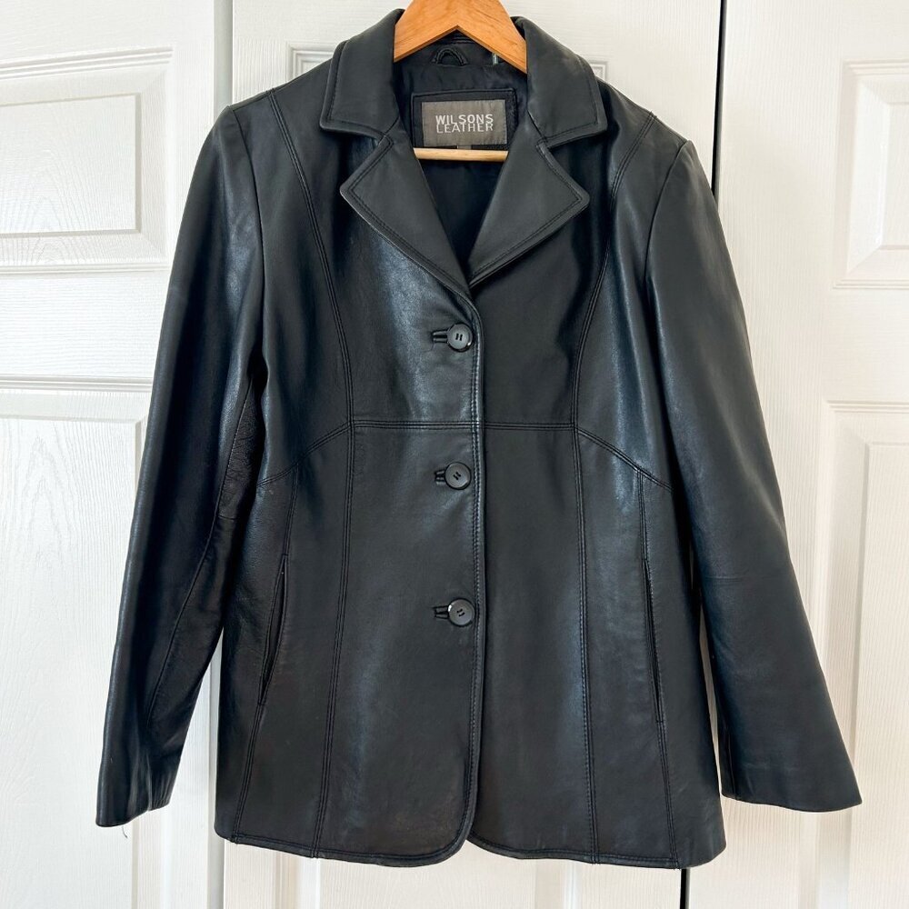 Wilsons Leather Black Genuine Leather Button Front Jacket Womens Large